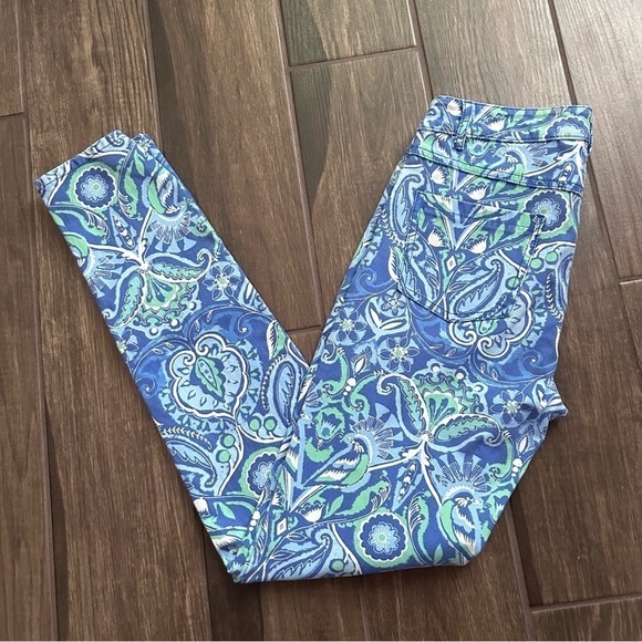 J. McLaughlin Lexi Paisley Bird Print Skinny Jeans Blue Green Sz 4 - Picture 1 of 8